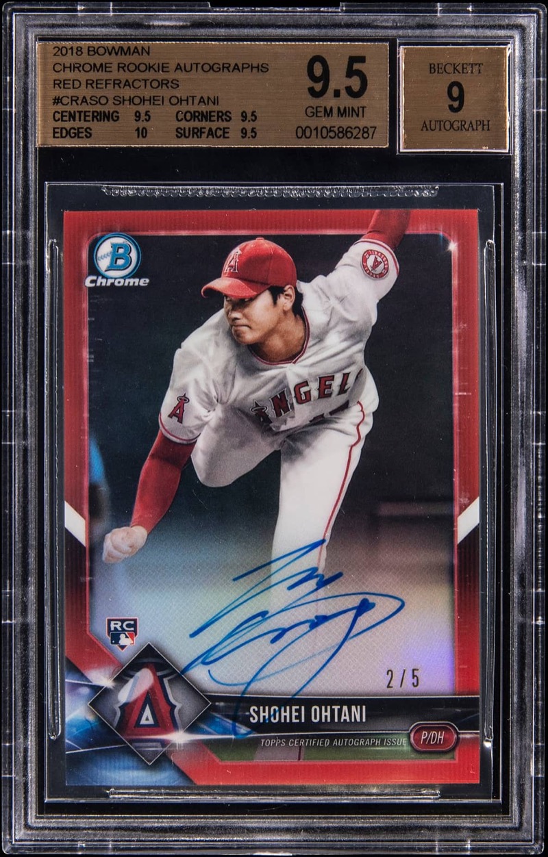 The 2018 Bowman Chrome Red Refractor Ohtani rookie autograph, serial 2/5, in its BGS 9.5 holder with the subgrades on the label. Photo: Goldin.