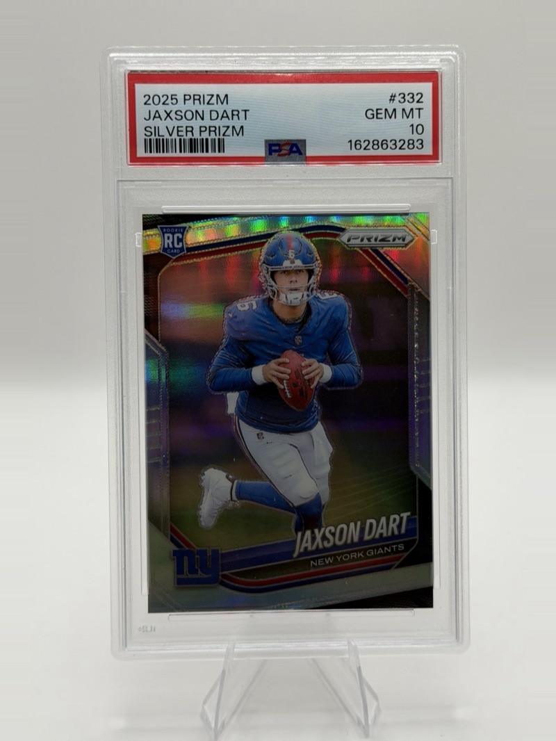 A 2025 Panini Prizm Silver #332 Jaxson Dart rookie in a PSA GEM MT 10 holder, the copy asking $700 USD. eBay listing photo.