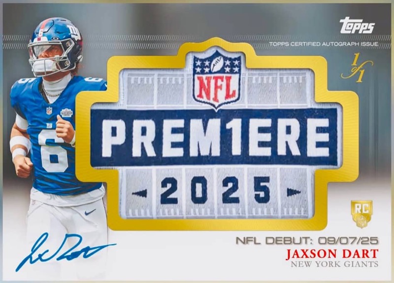 Topps' rendering of the card the redemption confers, showing the NFL PREM1ERE 2025 patch and the September 7 debut date. The card itself has not been printed. Image: Goldin.