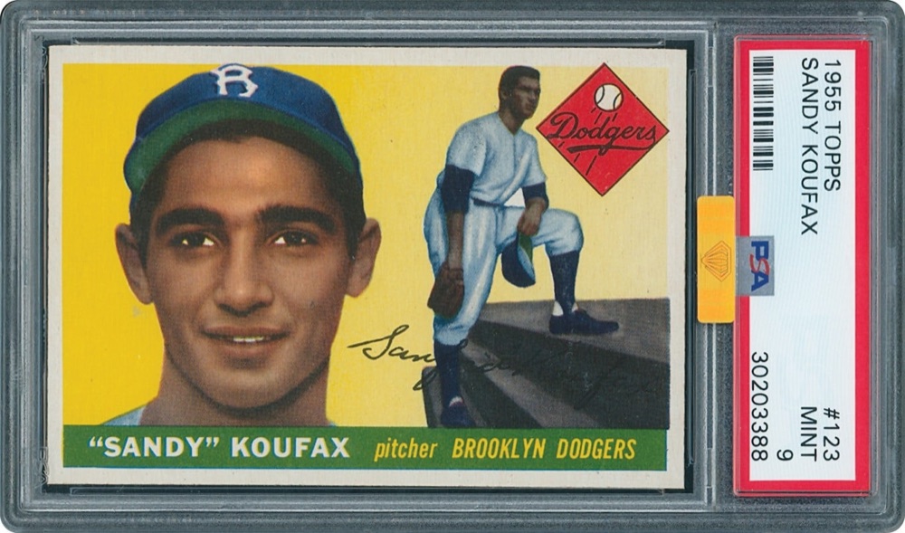 The 1955 Topps Sandy Koufax rookie in its PSA MINT 9 holder, the copy sold. Photo: Memory Lane.