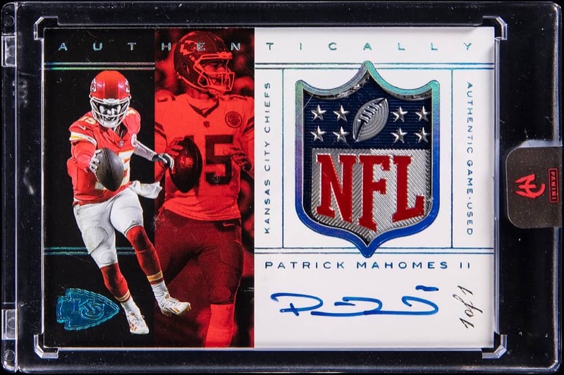 The 2025 Panini Authentically Mahomes Shield Autograph #1 Patrick Mahomes 1/1 in its Panini case, the lot at Goldin. Photo: Goldin.