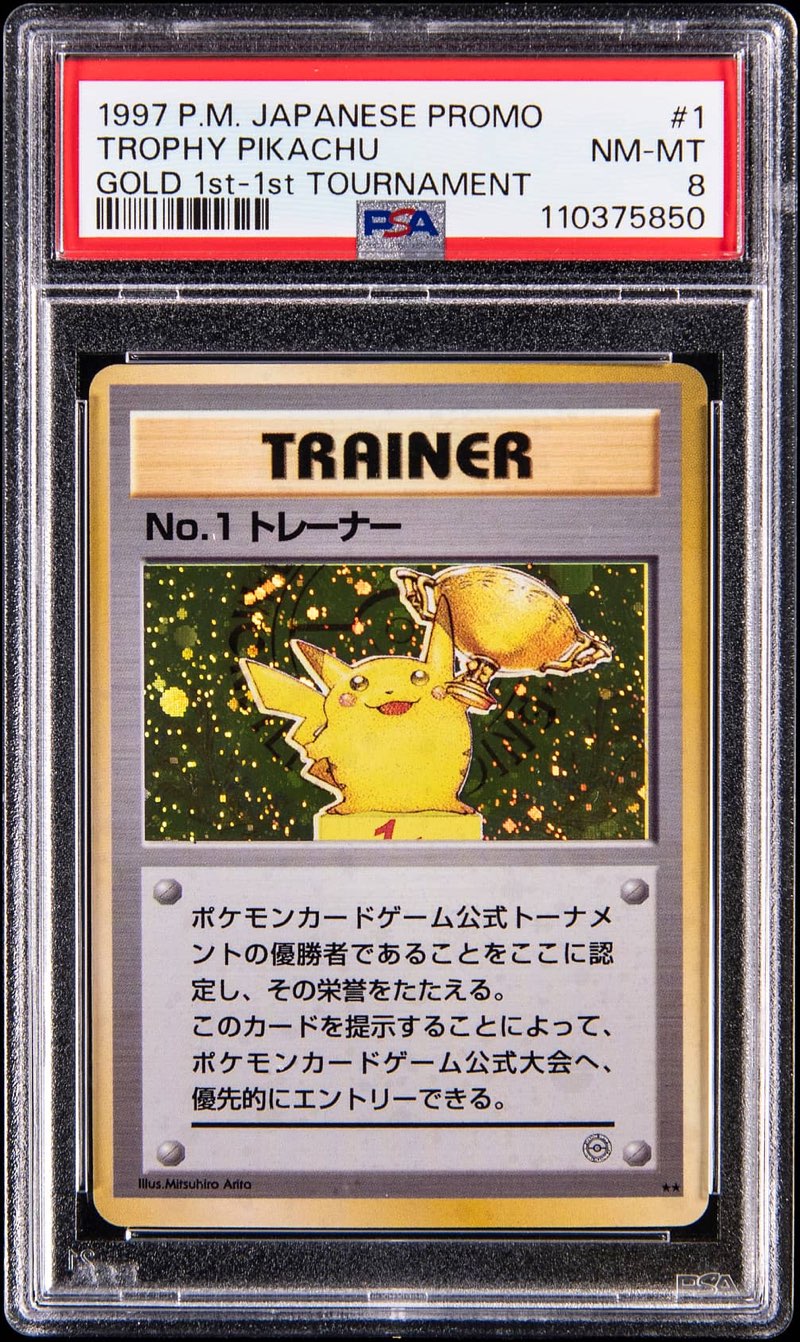The 1997 Gold 1st Place Trophy Pikachu in its PSA NM-MT 8 holder, the lot at Goldin. Photo: Goldin.