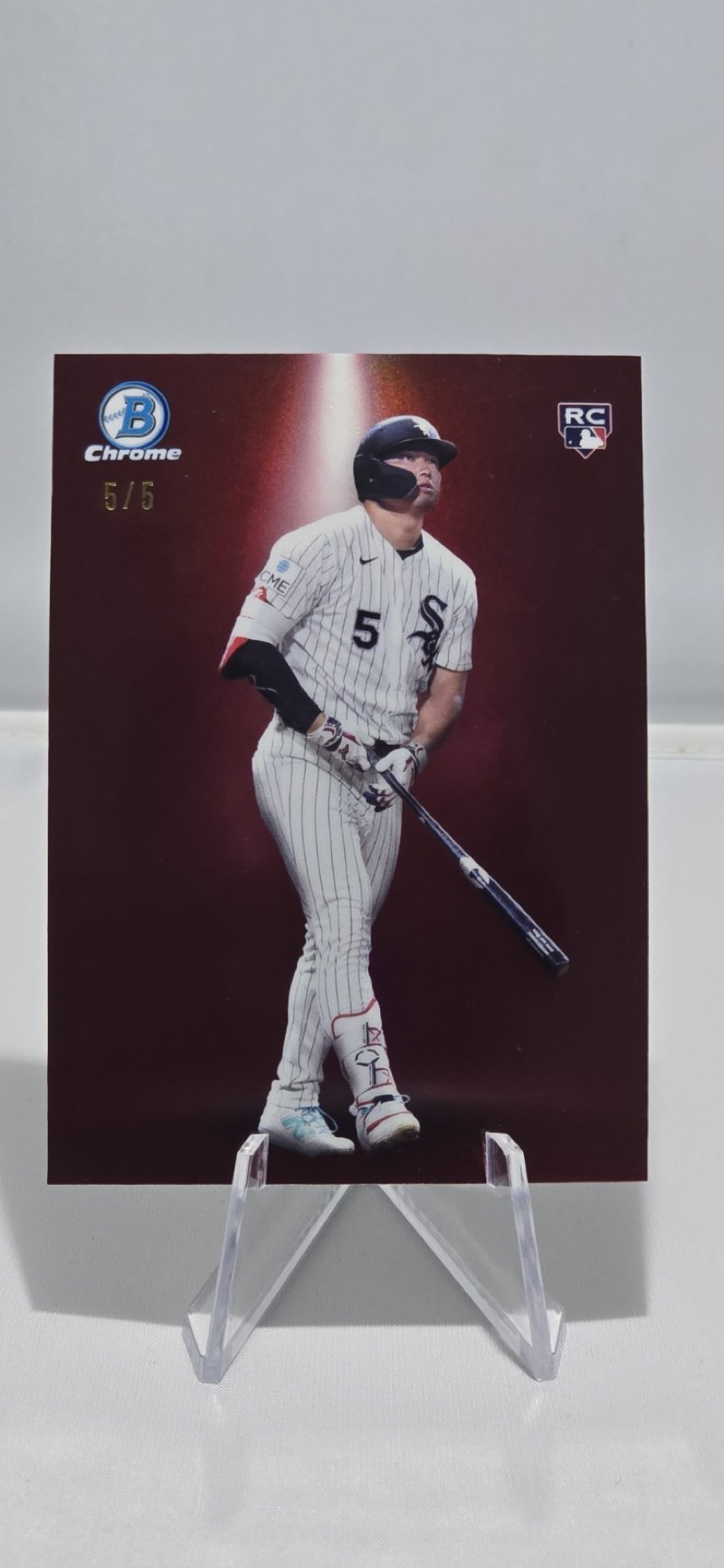 The 2026 Bowman Chrome Spotlight SSP Munetaka Murakami Red 5/5, the last copy of the print run, hand-numbered on the card front. Card image: eBay listing photo.