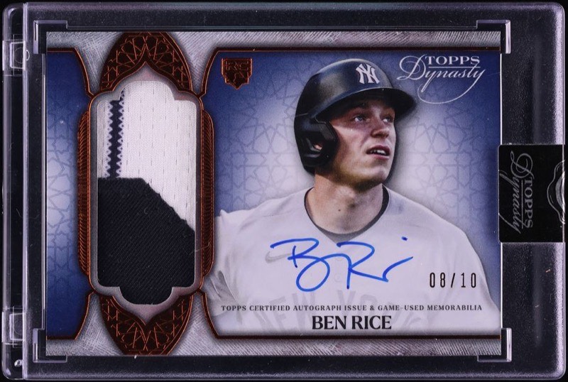 The 2025 Topps Dynasty Ben Rice rookie patch auto #DAP-BR3, numbered 08/10, in its case. Card image: Fanatics Collect lot photo.
