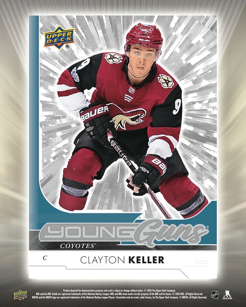 A Clayton Keller Young Guns card in a Coyotes uniform, as pictured by Upper Deck for 2026-27 Series One Hockey. Upper Deck marks the image as a product demonstration. Card image: UpperDeckSports on X.