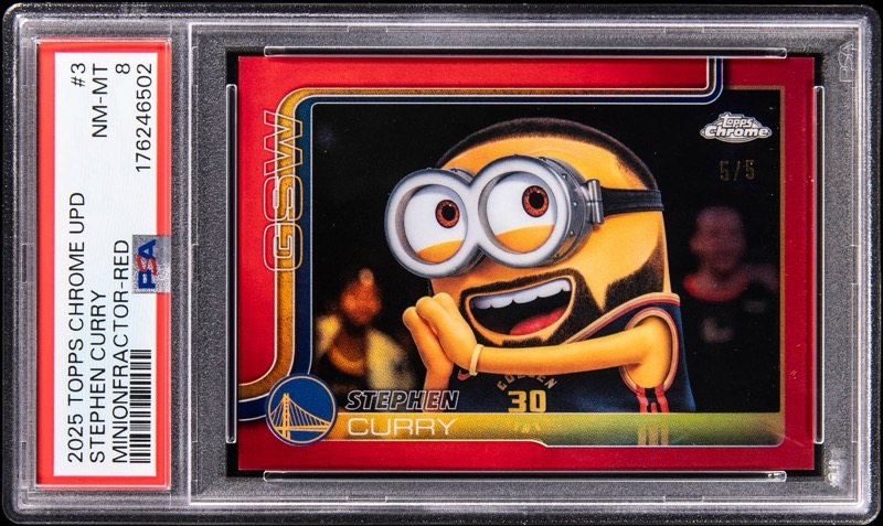 The 2025-26 Topps Chrome Update MinionFractor Red Refractor #3 Stephen Curry, numbered 5/5, in its PSA NM-MT 8 holder, the copy at auction. Card image: Goldin lot photo.