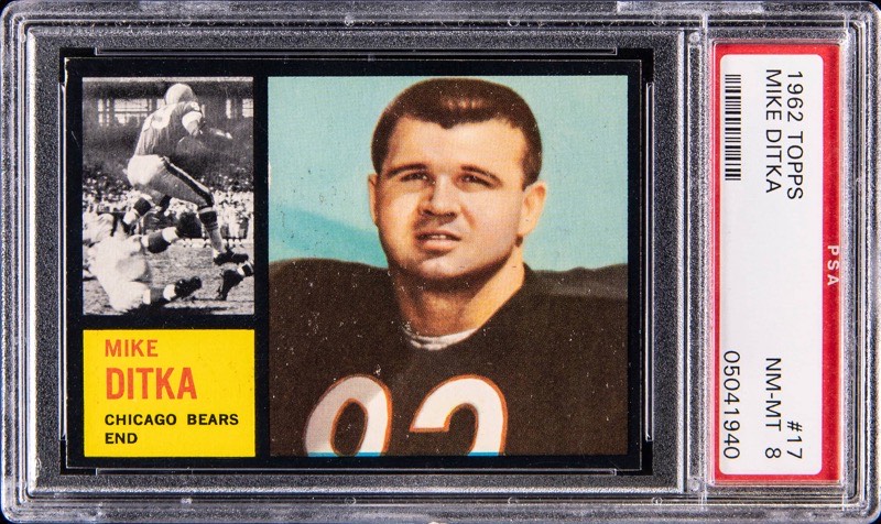 The 1962 Topps #17 Mike Ditka rookie in a PSA 8 slab, cert 05041940. Card image: Goldin lot photo.