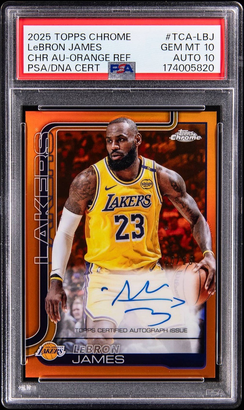 The 2025-26 Topps Chrome Autographs Orange Refractor #TCA-LBJ LeBron James, 20/25, in a PSA GEM MT 10 slab with a 10 autograph grade, cert 174005820, the copy Goldin sold on October 8. Card image: Goldin lot photo.