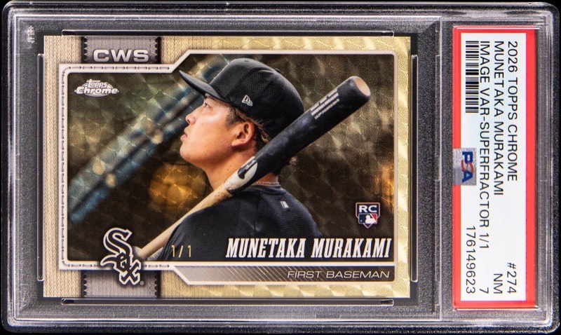 The 2026 Topps Chrome Image Variation Superfractor #274 Munetaka Murakami 1/1 in a PSA 7 slab, cert 176149623. Card image: Goldin lot photo.