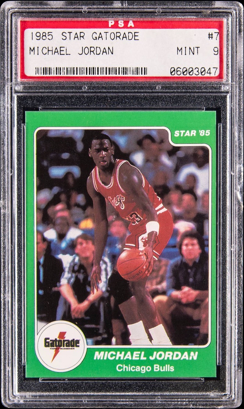 The 1985 Star Gatorade #7 Michael Jordan in a PSA MINT 9 holder, cert 06003047, the copy Goldin sold. Card image: Goldin lot photo.