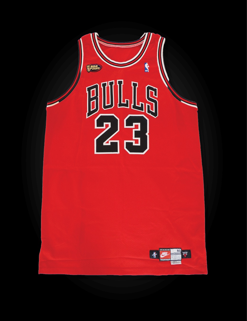 Michael Jordan's red Chicago Bulls road jersey with the 1998 NBA Finals patch, worn in Game 2. Photo: Hunt Auctions.