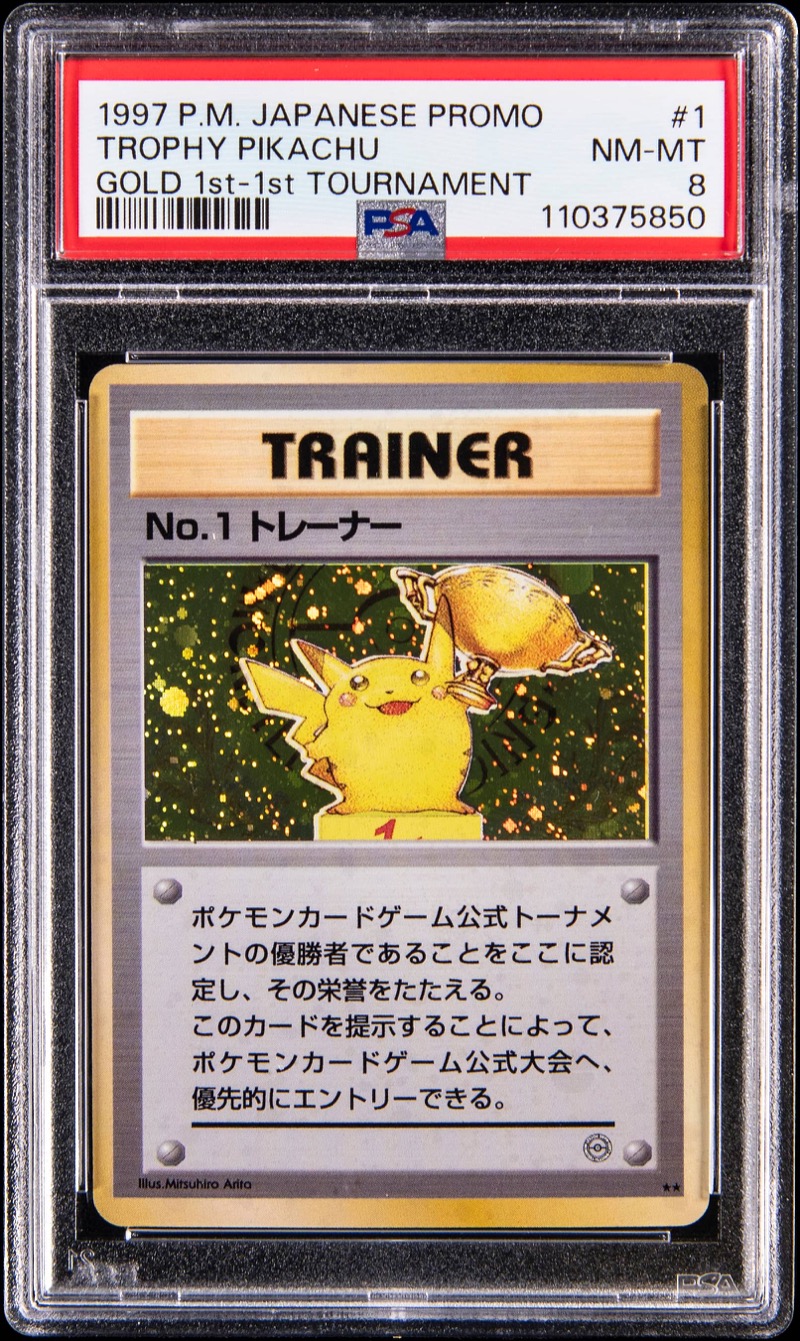 The 1997 Gold 1st Place Trophy Pikachu up for bid at Goldin, in its PSA NM-MT 8 holder. Photo: Goldin.
